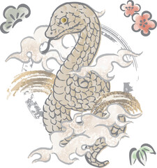 2025年賀状　巳年　巳　蛇　へび　水墨画　浮世絵　日本画　手描き　イラスト素材