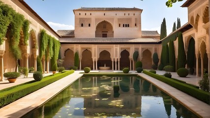 Fototapeta premium : The grandeur of the Alhambra Palace, surrounded by lush gardens and reflecting pools. --ar 3:2 --v 4
