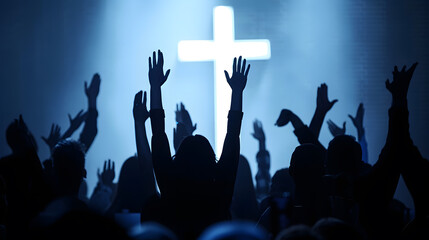 Silhouette worship team raising hands for thanks God at white cross background : Generative AI