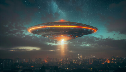 Magnificent depiction of a ufo hovering above a nighttime city skyline, bathed in cosmic light and mystery, perfect for world ufo day celebrations and the curious minds of scifi enthusiasts