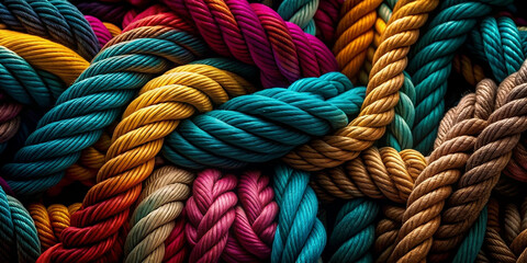 Team rope diverse strength connect partnership together teamwork unity communicate support. Strong diverse network rope team concept integrate braid color background cooperation empower power.	