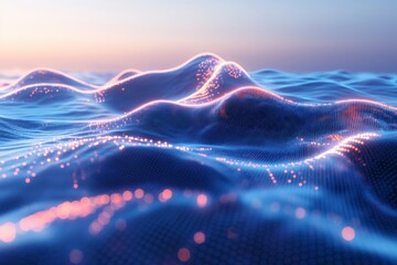 Stunning digital artwork of a futuristic landscape, featuring glowing red and orange waves under a...