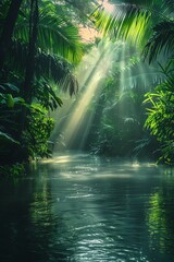 Mystical river in a dense jungle, sunrise creating light rays through the mist, vibrant greens, panoramic perspective