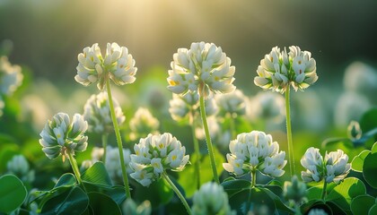 White clover flowers blooming in a sunlit field, delicate petals and vibrant green stems, closeup view