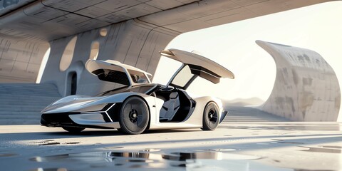 White futuristic sports car with open gullwing doors, minimalist architecture setting, bright daylight