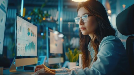 In a dynamic office environment, an HR manager utilizes ERP software to streamline employee management tasks, showcasing the integration of technology in HR operations. 