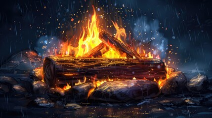 Bonfire with fire located at the center of the log
