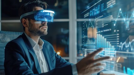 In a modern boardroom setting, a businessman employs augmented reality technology to analyze the financial balance sheet, demonstrating innovation in business strategy.