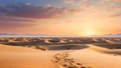 Fototapeta premium : A serene desert landscape at sunset, with sand dunes stretching as far as the eye can see. --ar 3:2 --v 4