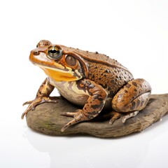 Fototapeta premium A brown frog sits on a log, looking out at the world with its big, yellow eyes. AI.