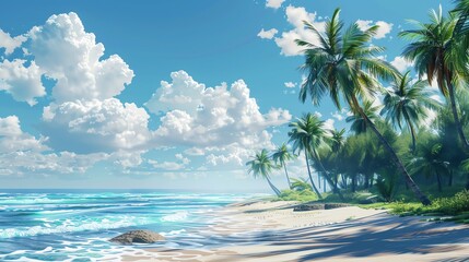 Beautiful summer landscape with palm trees on a sandy beach. The sun shines brightly in the blue sky and the waves gently lap at the shore.