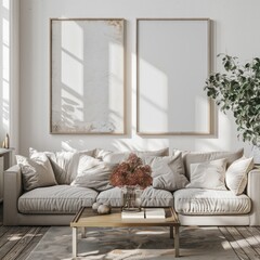 Fototapeta premium A white couch sits in front of a large window