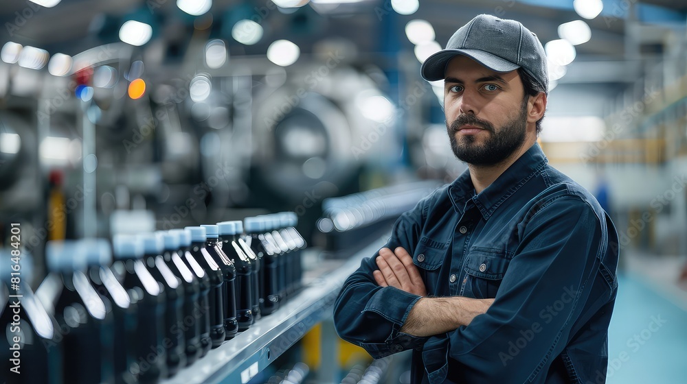 Poster portrait of a serious quality control worker overseeing the robotic line responsible for bottling an