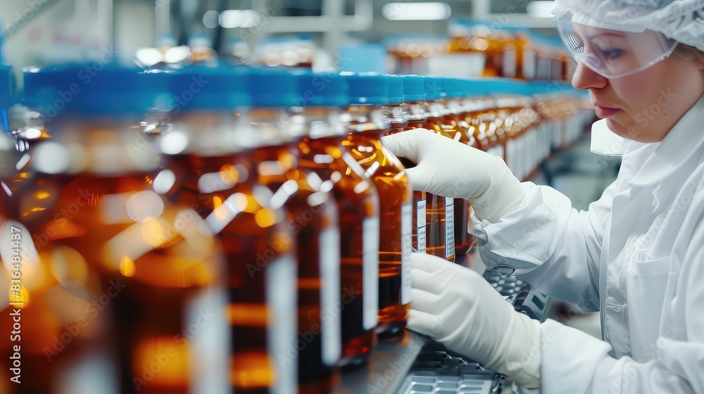 Poster quality control specialist scrutinizing the labeling accuracy and alignment on bottles in a manufact