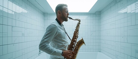 A man playing the saxophone in a white room. AI.