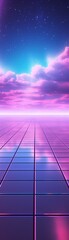 Synthwave landscape with a bright pink sky and a blue grid floor.