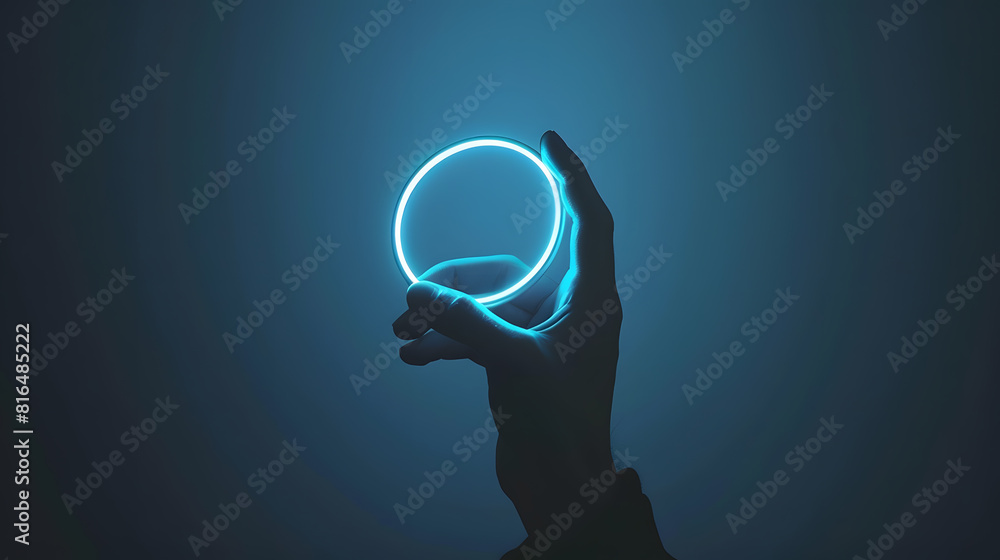 Poster phone in hand silhouette of male hand holding bezelless smartphone with futuristic neon light circle