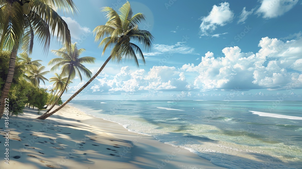 Poster Amazing beach with white sand and palm trees. The perfect place to relax and enjoy the sun.