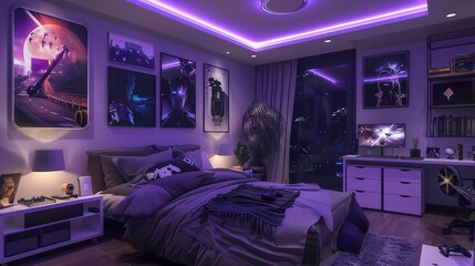 A teenager's gaming room with a bed and posters on the wall, all in shades of purple
