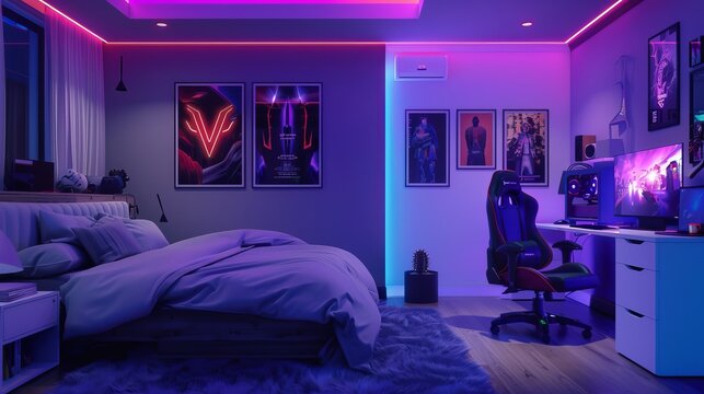 A teenager's gaming room with a bed and posters on the wall, all in shades of purple