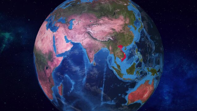 Realistic 3D Animation of Earth zooming in to  Vietnam with its border highlighted with its National Flag in 4K