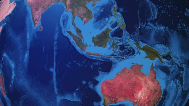Realistic 3D Animation of Earth zooming in to East Timor with its border highlighted with its National Flag in 4K