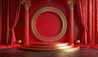 Versatile display: an empty podium, banner, and stand with ample copy space, offering a blank canvas for showcasing products, advertising, presentations, and versatile marketing opportunities.