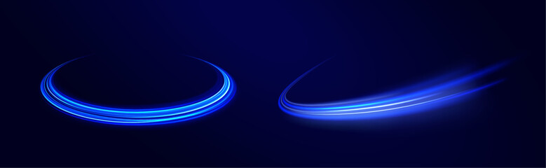 Futuristic neon light line trails. semicircular wave, light trail curve swirl, optical.  Neon color glowing lines background, Purple glowing wave swirl, impulse cable lines.  © ANATOLII