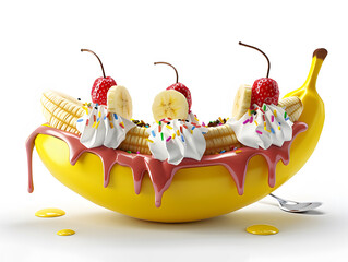 A banana split with toppings and ice cream on a white background. "Write a poem inspired by the colors of a banana split." 3D, Printing, Generate AI.