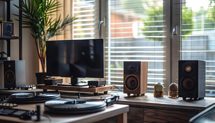 Minimalist Vinyl Record Setup A closeup of a sleek, minimalist vinyl record setup with a turntable, amplifier, and speakers, enhancing the interior aesthetic