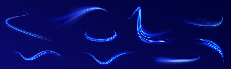 Blue glowing shiny lines effect comet vector background. Futuristic neon light line trails. semicircular wave, light trail curve swirl, optical.