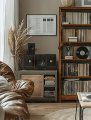 Interior Decor with Vinyl Collection Closeup of a curated collection of vinyl records displayed as decorative elements in a modern, minimalist living room