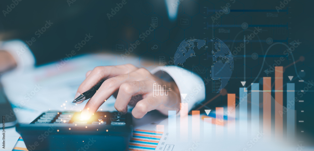 Poster Data analyst calculates sales ,Summary of strategies and business planning with economic growth graphs ,Market data research and financial reports ,calculator to calculate and read reports