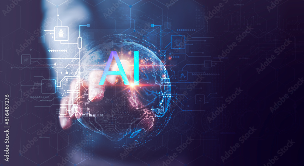 Poster ai ,businessman showing concept, connection, innovation development and artifacts too artificial int