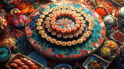Artistic top down shot of an intricate sushi arrangemen
