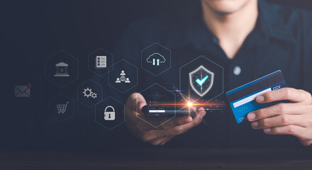 Data protection concept ,secure internet security access ,cyber security technology ,Login to online database with your username and password , online shopping ,credit card ,financial transactions