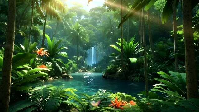 illustration of green tropical forest, river and waterfall