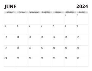 2024 June simple calendar, monday start