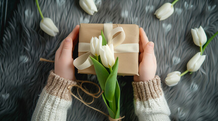 The child's hands hold a beautiful gift box with a ribbon and white tulips. Top view, close-up