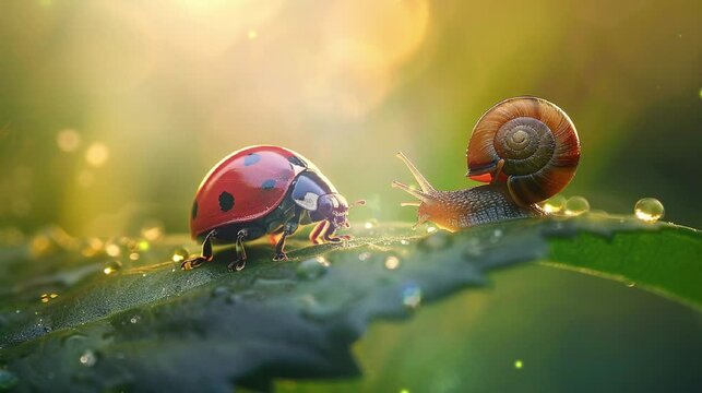 Close up beautiful lady bug and snail on the leaves with dew under the morning sunlight in the garden. Video background wallpaper for biological diversity world day and environmental world day.