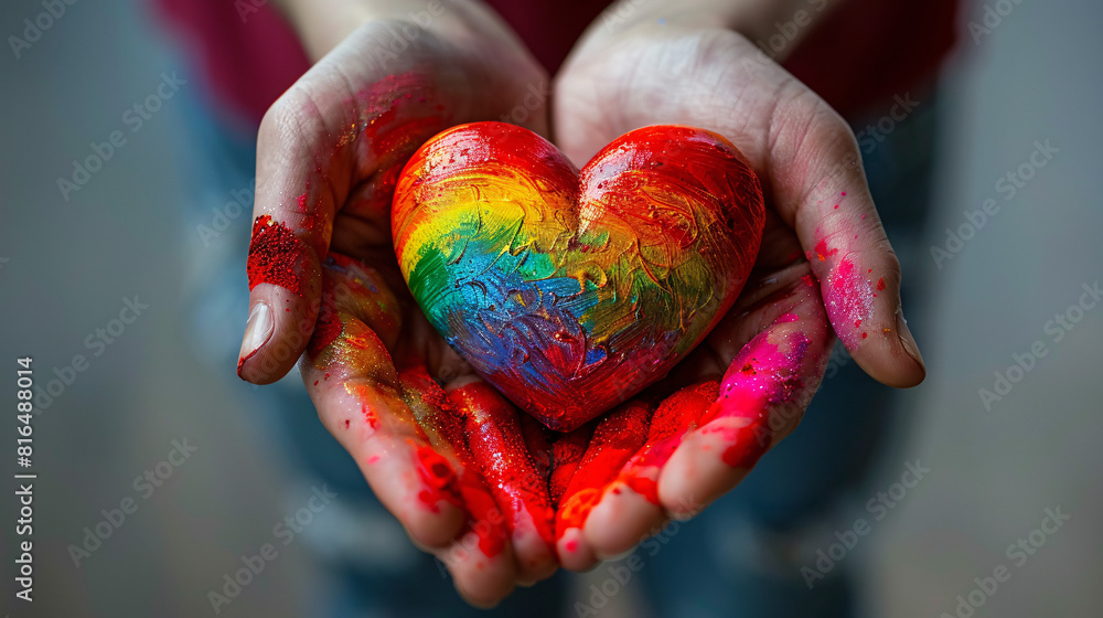 Poster in a minimalist setting with a hint of steampunk design, rainbow-painted hands tenderly cradle a bri