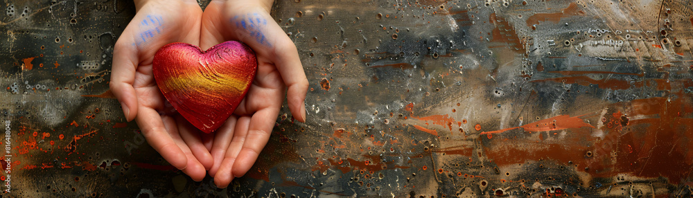 Poster rainbow hands delicately holding a red heart are featured against a minimalist background with subtl