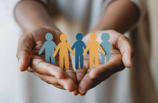 Hands gently holding colorful paper cutouts of diverse family figures, symbolizing unity, protection, and community in an inclusive and supportive environment - AI generated
