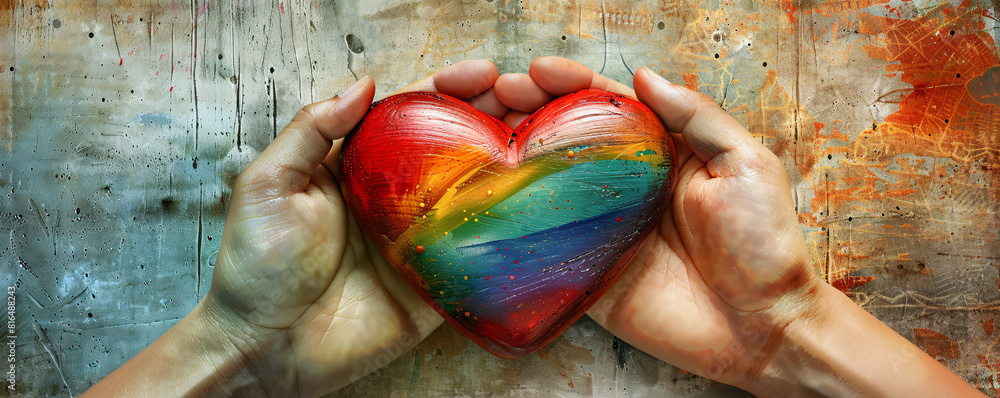 Poster two rainbow-colored hands gently hold a red heart, set against a minimalist background with subtle s