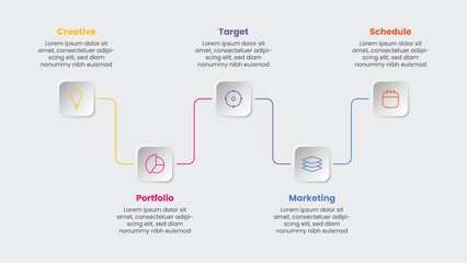 Multicolor neumorphism infographic template. Flowchart business with 5 options. Business presentation in soft UI color.