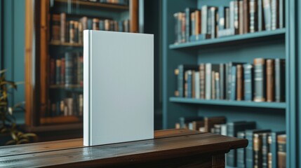 A blank book cover mock-up standing on a library shelf.