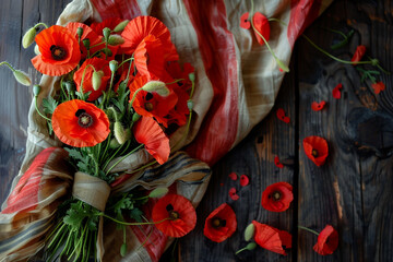 Poppy bouquet wrapped in an old flag, a Memorial Day tribute  heroes.