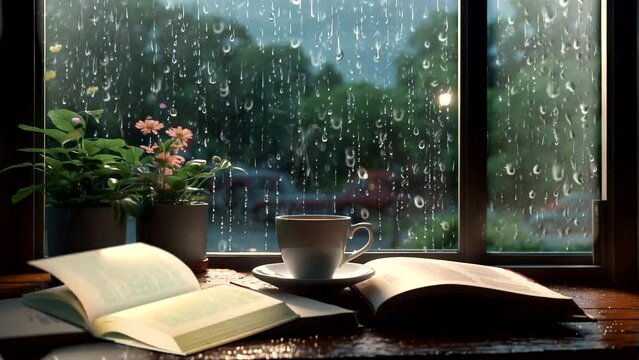 illustration of a cup of coffee and a book on a table near the window in the rainy season