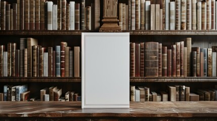 A blank book cover mock-up standing on a library shelf.