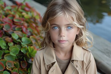 Blonde Haired Blue Eyed Young Girl in Tan Trenchcoat Surrounded by Green and Red Plants by Water
